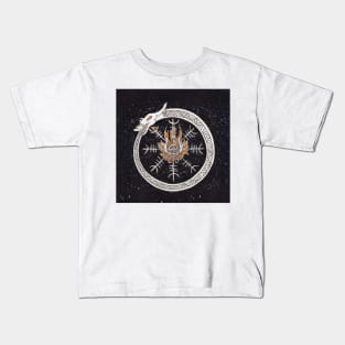 Loki Fire Aspect in the Circle of Jormungandr and the Helm of Awe. Victory and Sacrifice Symbols Kids T-Shirt